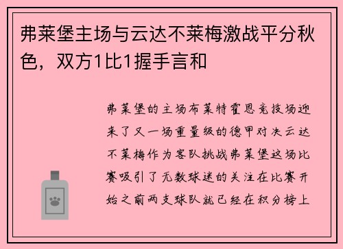 弗莱堡主场与云达不莱梅激战平分秋色，双方1比1握手言和